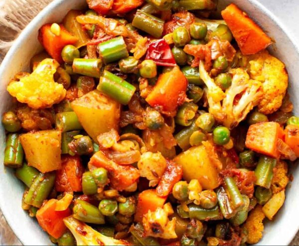 Vegan Mixed Vegetable Masala Curry is Nut & Gluten free curry are Seasonal mixed vegetables cooked in onions spices, ginger with spices in Indian style 